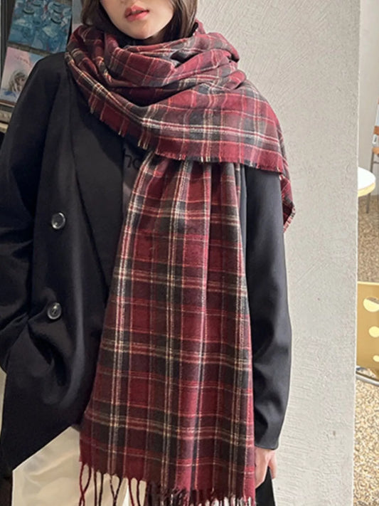 Unisex Oversized Classic Plaid Fringe Scarf in Burgundy - front view 1