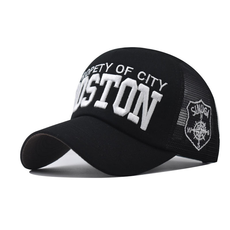 Black Boston lettering cap in a front three-quarter view