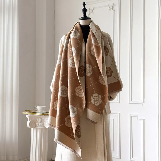 Women's Floral Raw Hem Scarf in Tan - front view 1