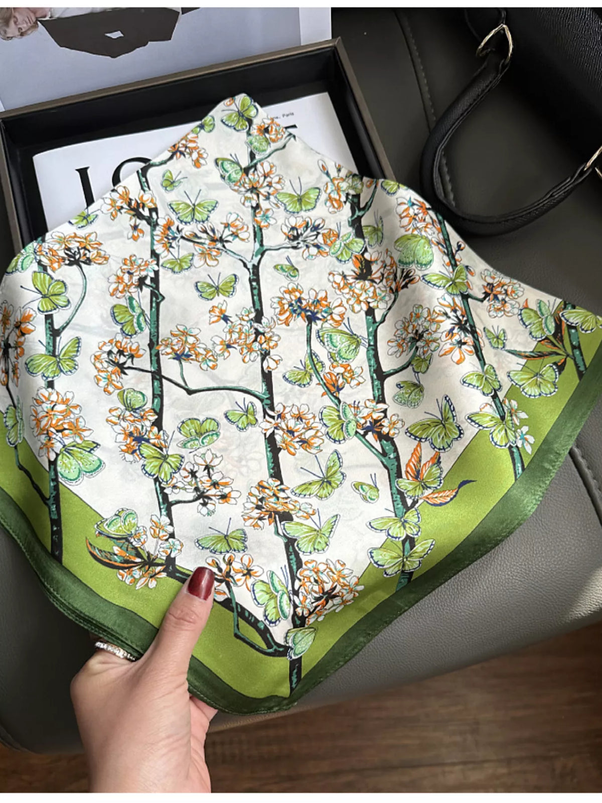 Unisex Floral Print Silk Scarf — partially unfolded green edged botanical scarf