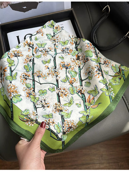 Unisex Floral Print Silk Scarf — partially unfolded green edged botanical scarf
