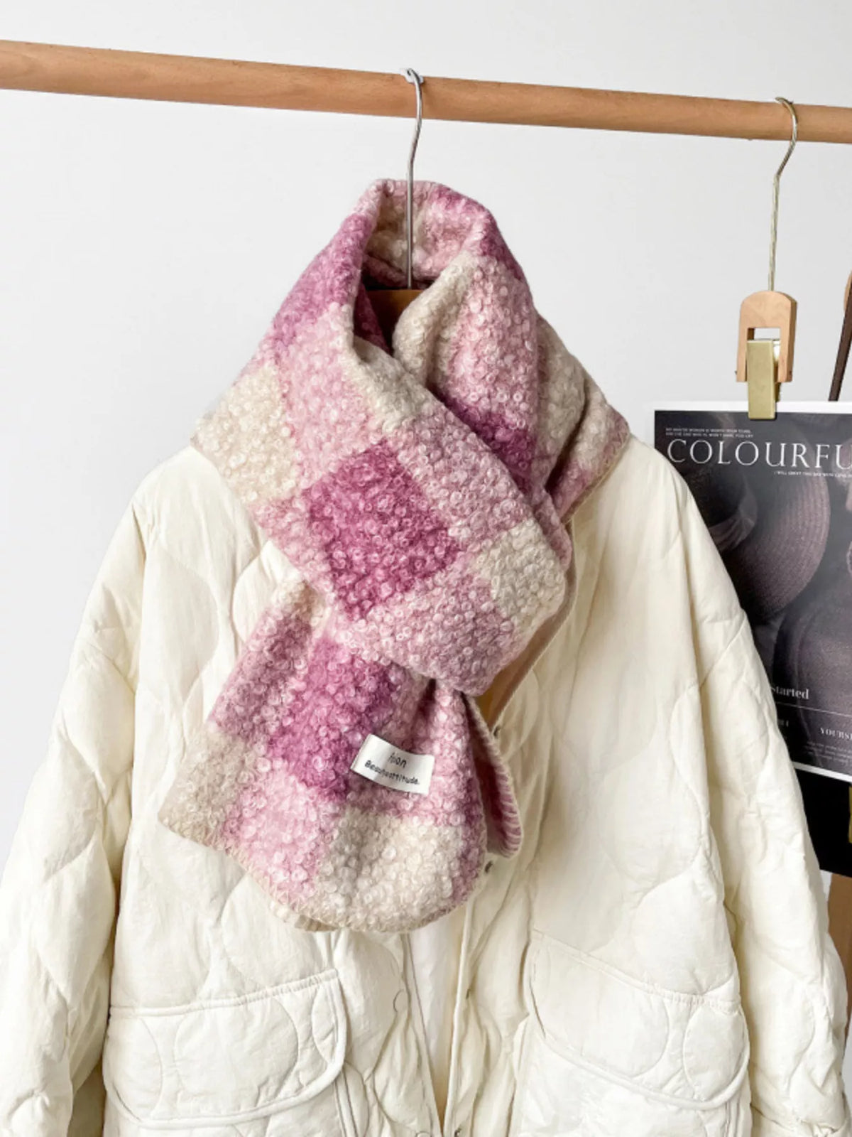 Unisex Textured Plaid Knit Scarf — dusty pink plaid scarf tied with a patterned end visible