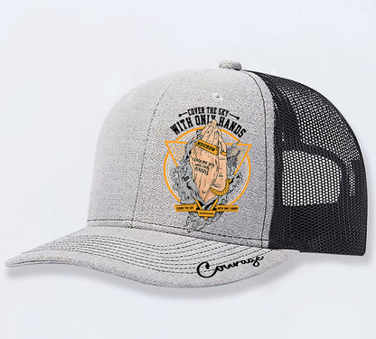 Blue graphic patch trucker cap side profile