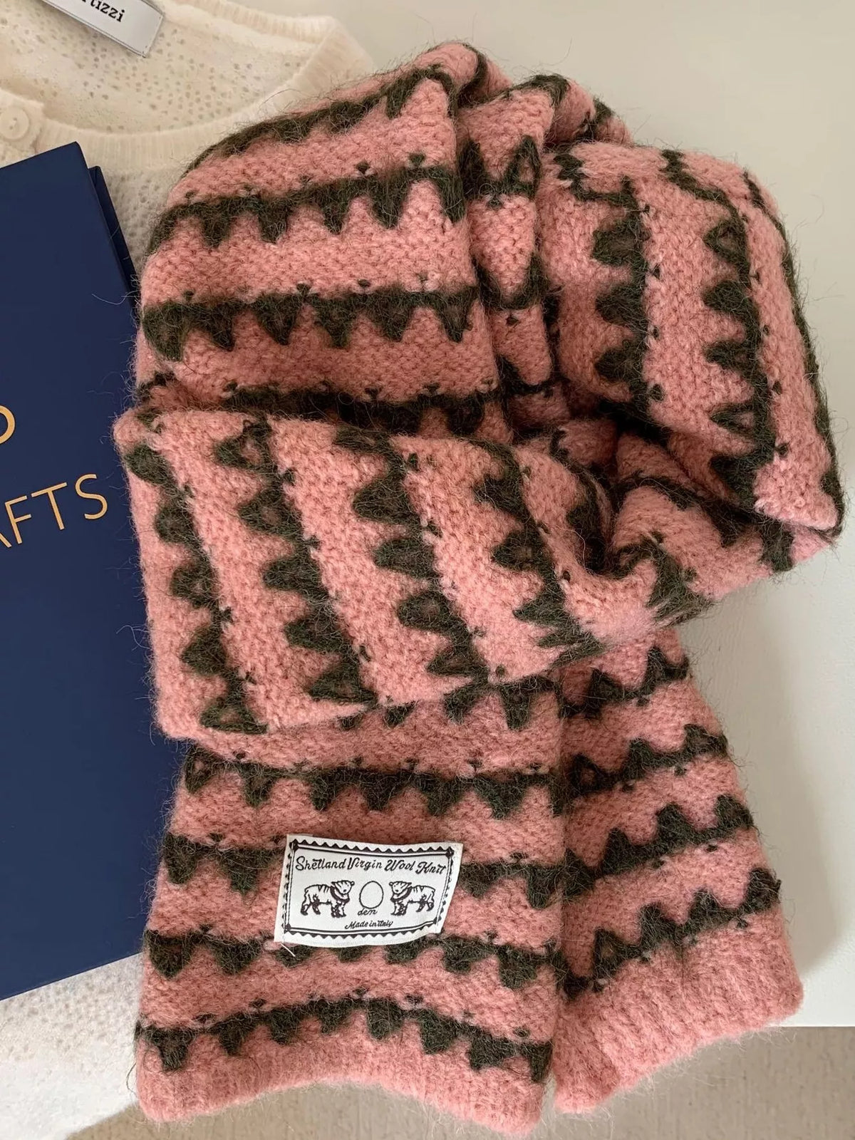 Unisex Vintage Knitted Pattern Scarf — coral pink scarf with dark repeated knit pattern