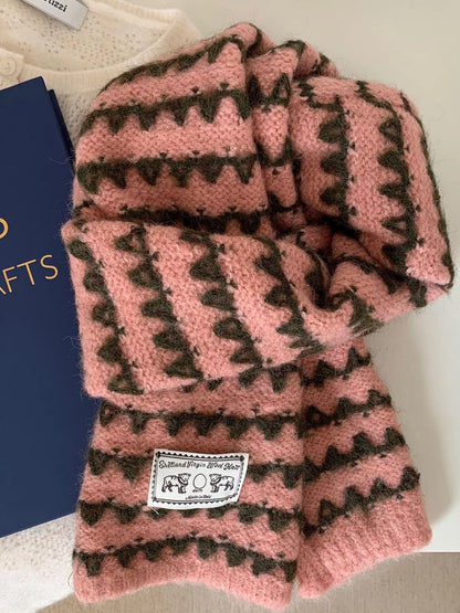 Unisex Vintage Knitted Pattern Scarf — coral pink scarf with dark repeated knit pattern