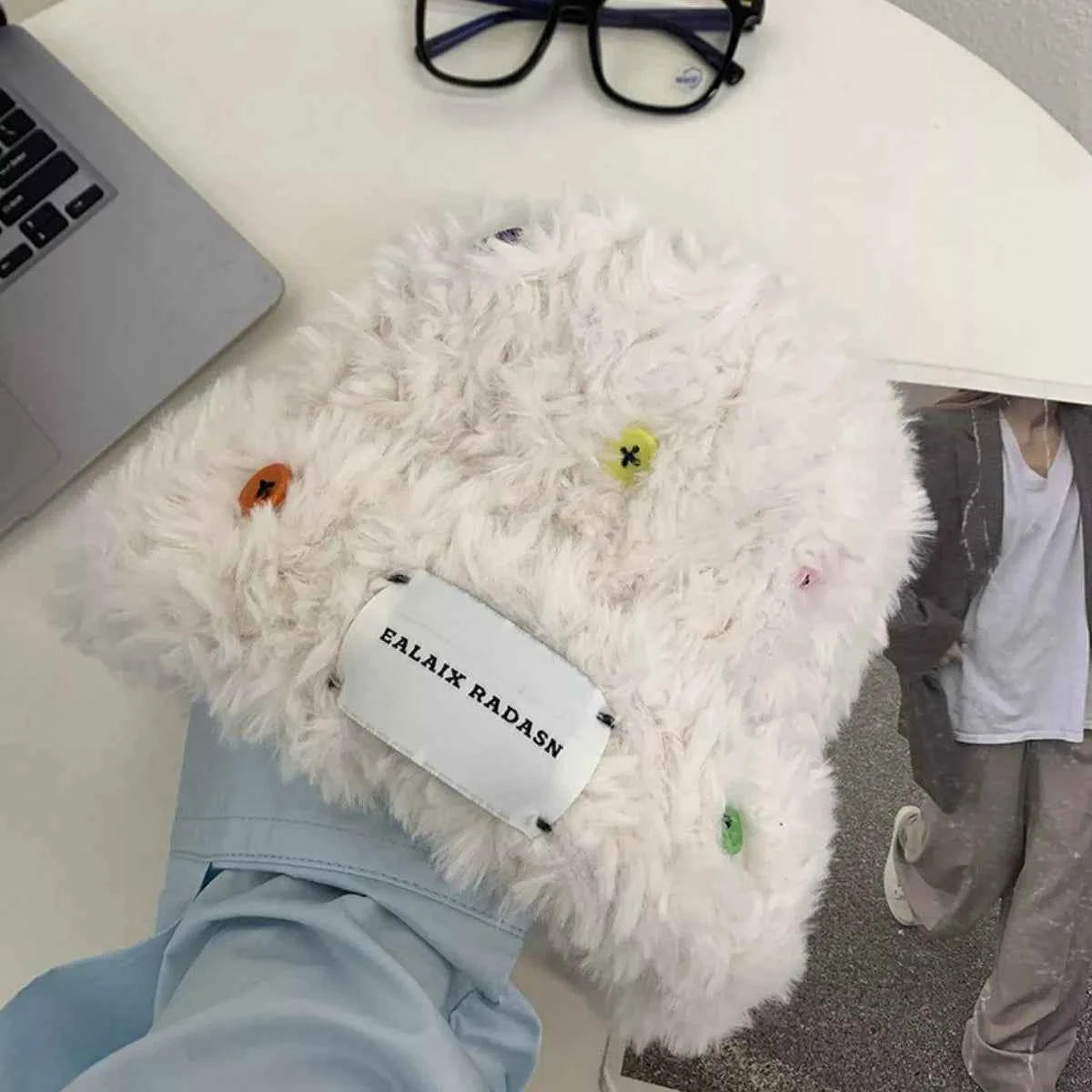 Soft plush button beanie winter front view