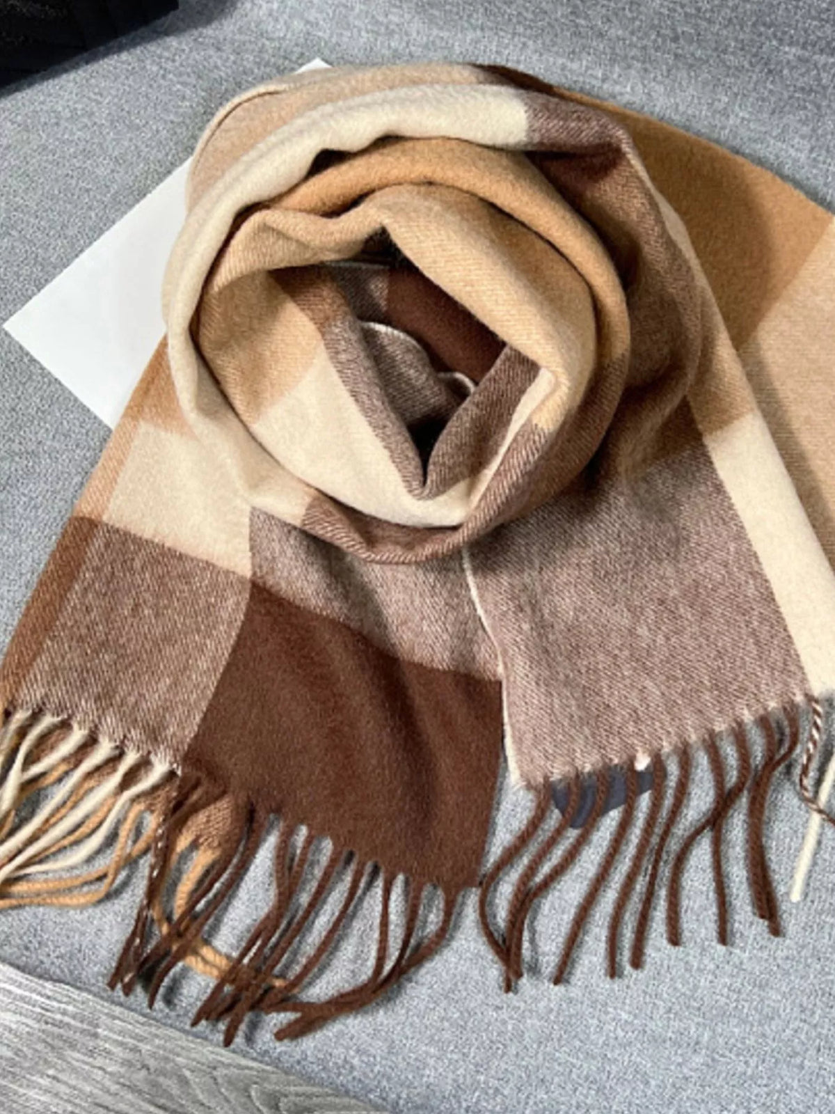 Unisex Plaid Scarf with Fringe — tan and brown scarf in a loose circular arrangement