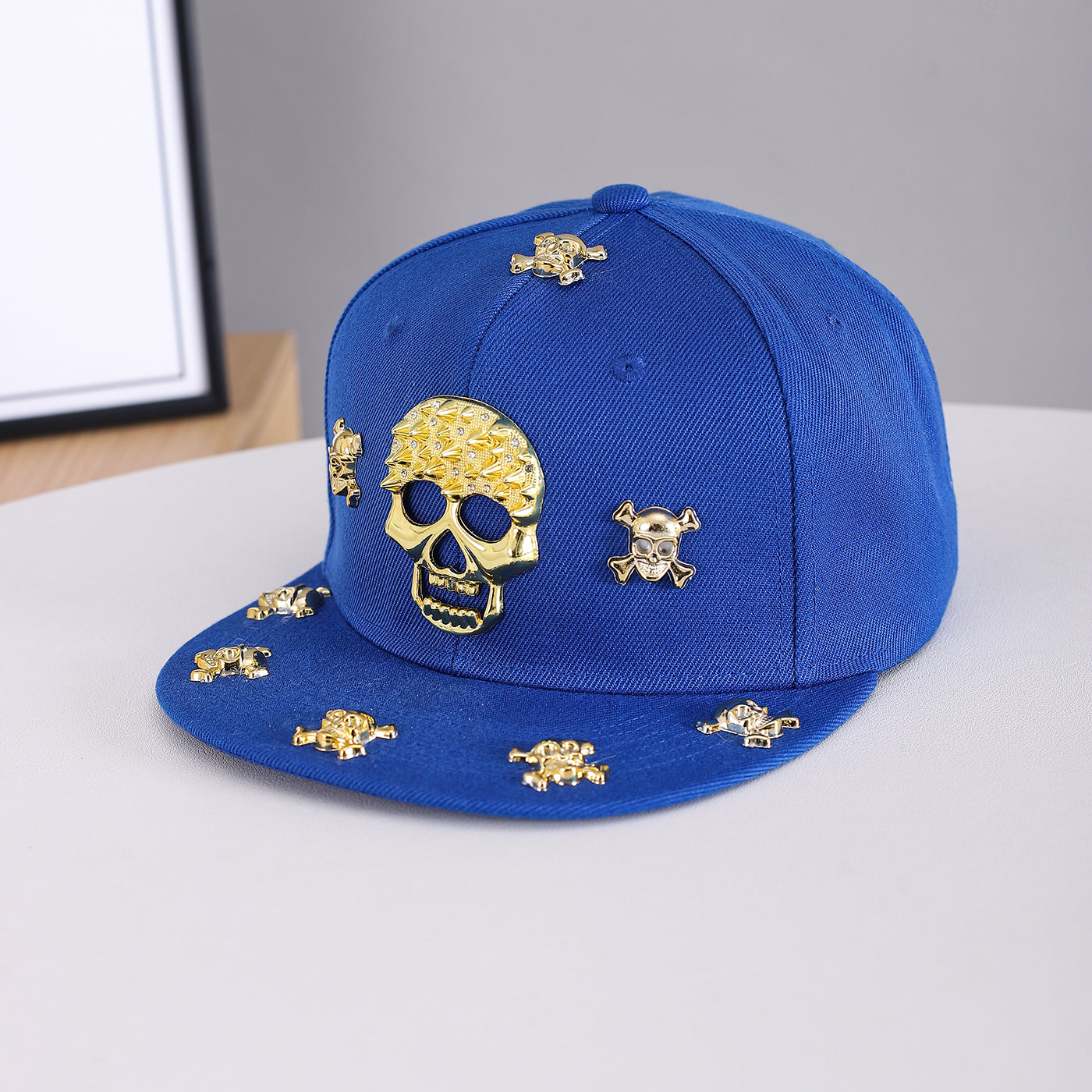 Unisex Blue Gold Skull Embellished Snapback Cap crown detail