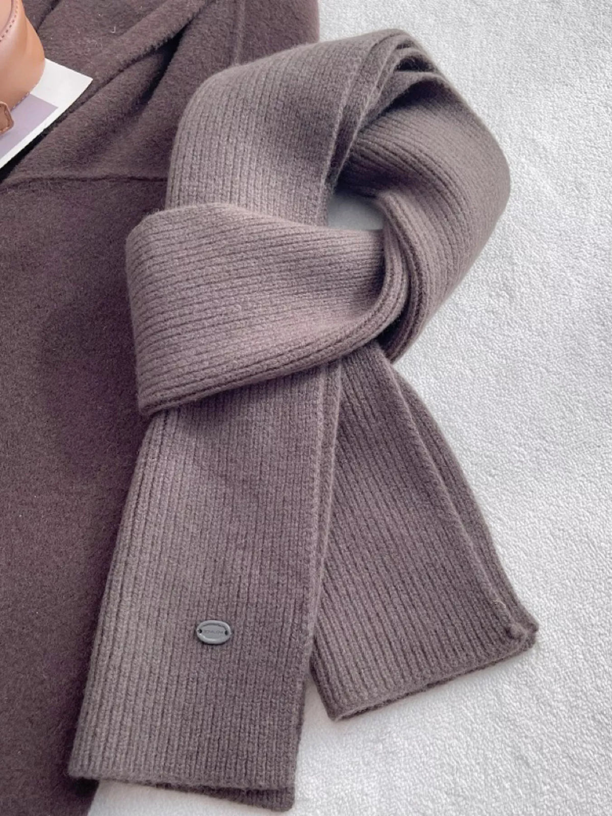 Unisex Pure Wool Soft Knit Scarf — gray brown scarf with a small circular label