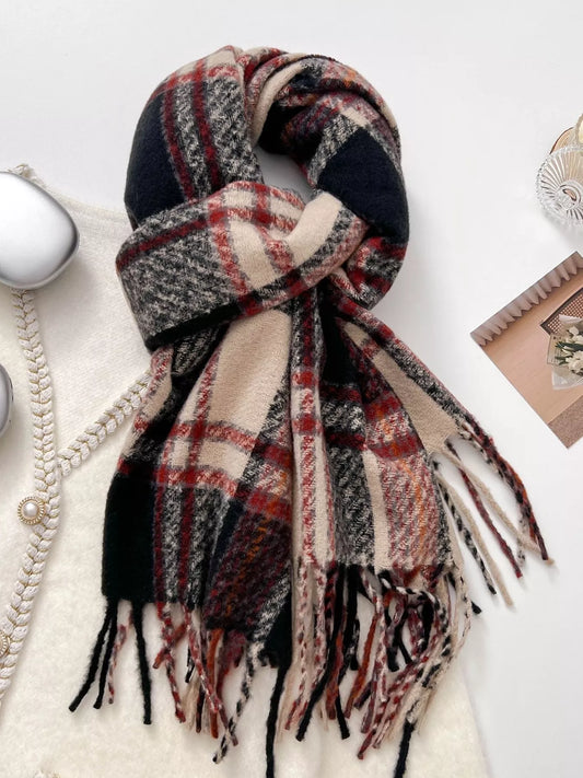 Unisex Warm Plaid Winter Scarf in Brown - styled detail 2