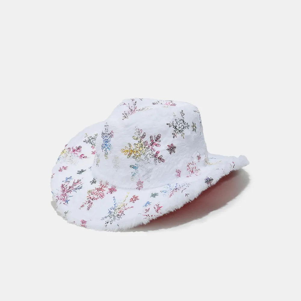 White plush snowflake beanie crown view