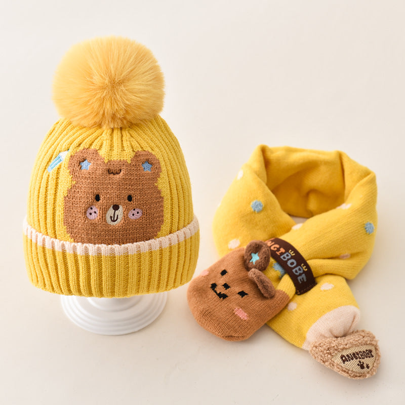 Yellow bear-face beanie with a matching winter scarf