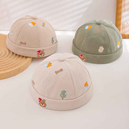 Kids Beige Embroidered Bear Rolled Cuff Docker cap front view