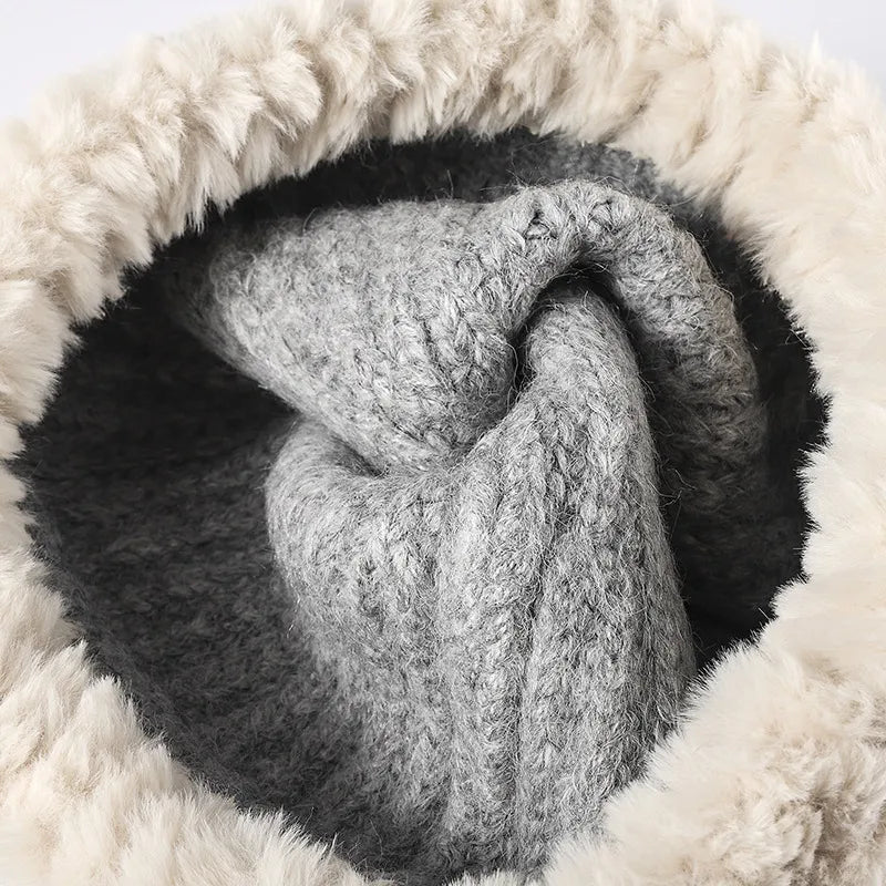Unisex Faux Fur Trim Knit Beanie - Beige brim profile