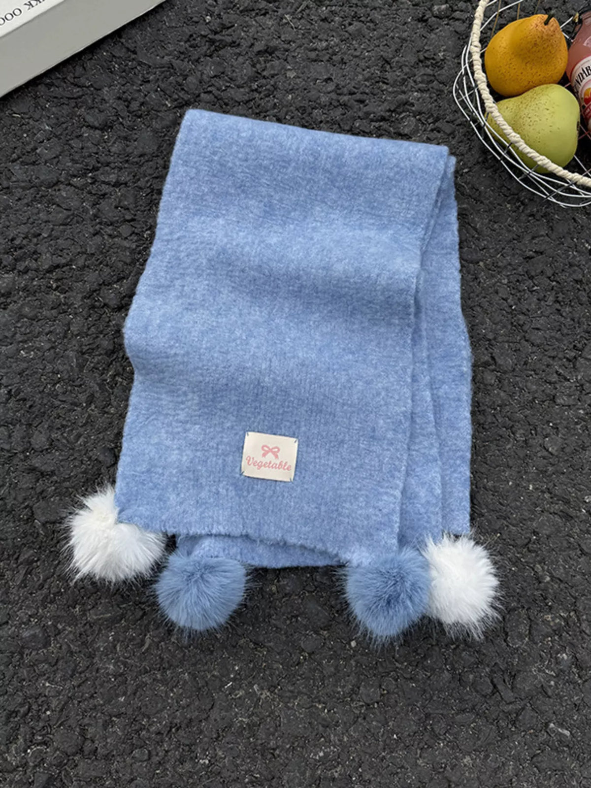Unisex Pastel Pom-Pom Scarf — blue scarf showing rounded pale end details