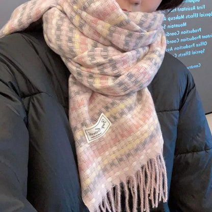 Unisex Soft Patterned Fringe Scarf — soft-toned scarf wrapped over a dark jacket