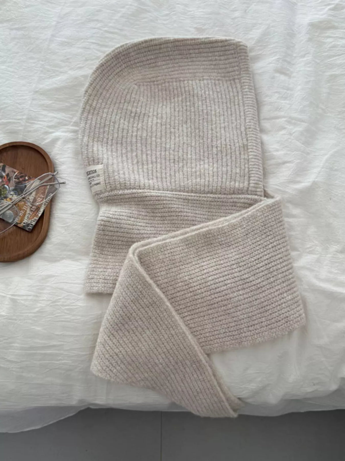 Unisex Hooded Knit Neck Scarf — off-white hooded scarf shown open
