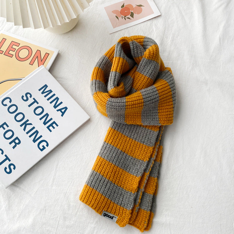 Mustard yellow and gray striped scarf with ribbed ends