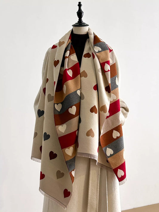 Women's Heart Pattern Warm Scarf in Beige - front view 1