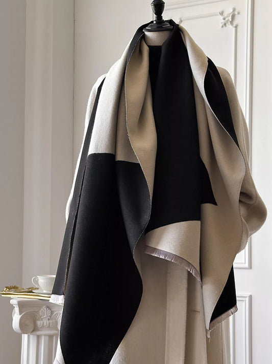Unisex Color Block Raw Hem Scarf in Beige - front view 1