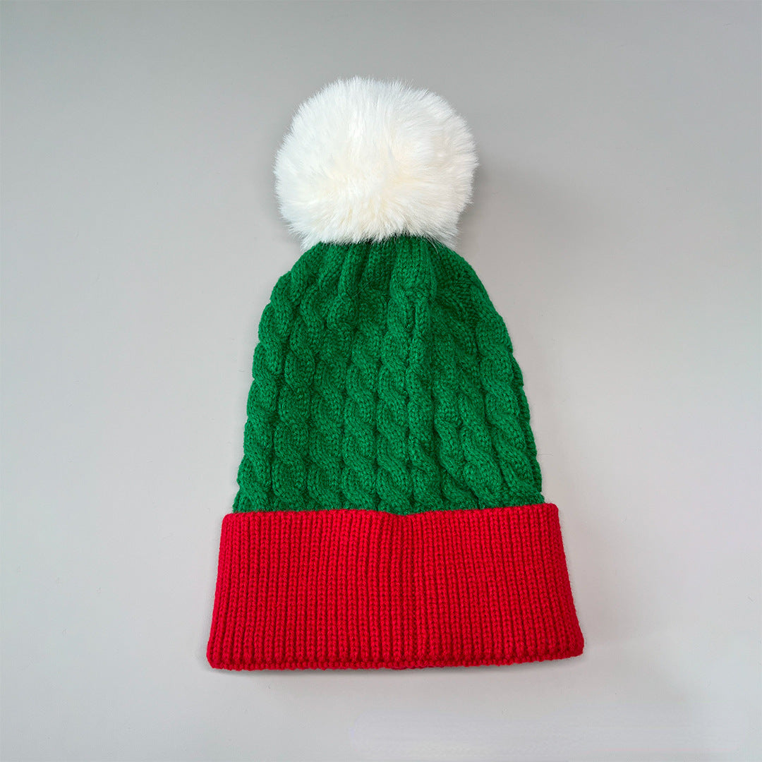 Unisex Christmas Pom Pom Beanie – Red & Green Cable Knit Winter Hat - Christmas Red texture close-up
