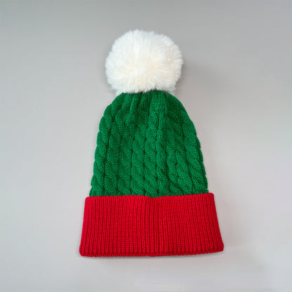 Unisex Christmas Pom Pom Beanie – Red & Green Cable Knit Winter Hat - Christmas Red texture close-up