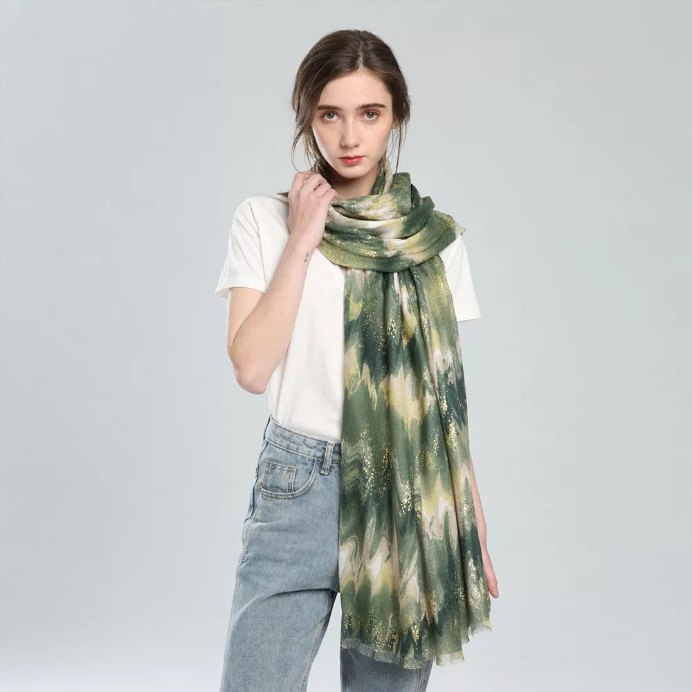 Unisex Abstract Print Lightweight Fashion Scarf — green abstract print scarf worn long with a white T-shirt