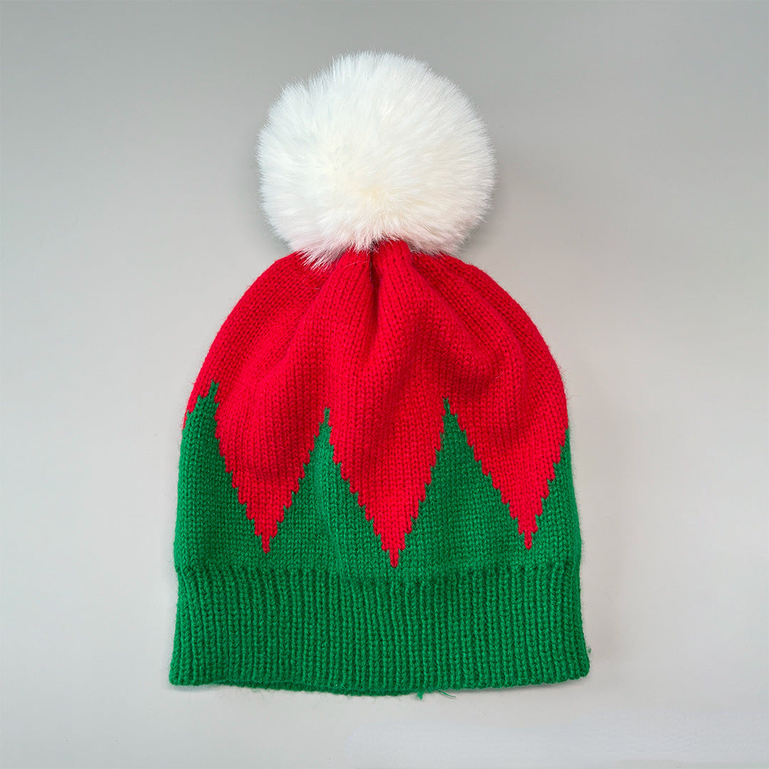 Unisex Christmas Pom Pom Beanie – Red & Green Cable Knit Winter Hat - Christmas Tree back view