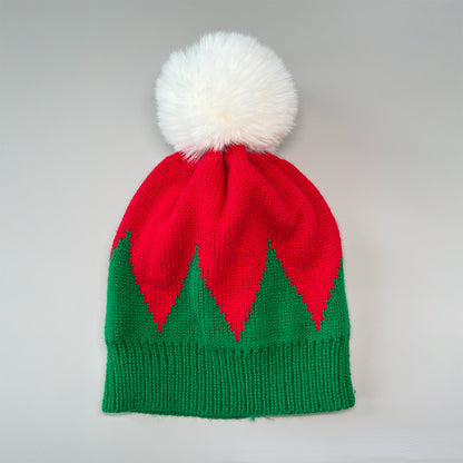 Unisex Christmas Pom Pom Beanie – Red & Green Cable Knit Winter Hat - Christmas Tree back view