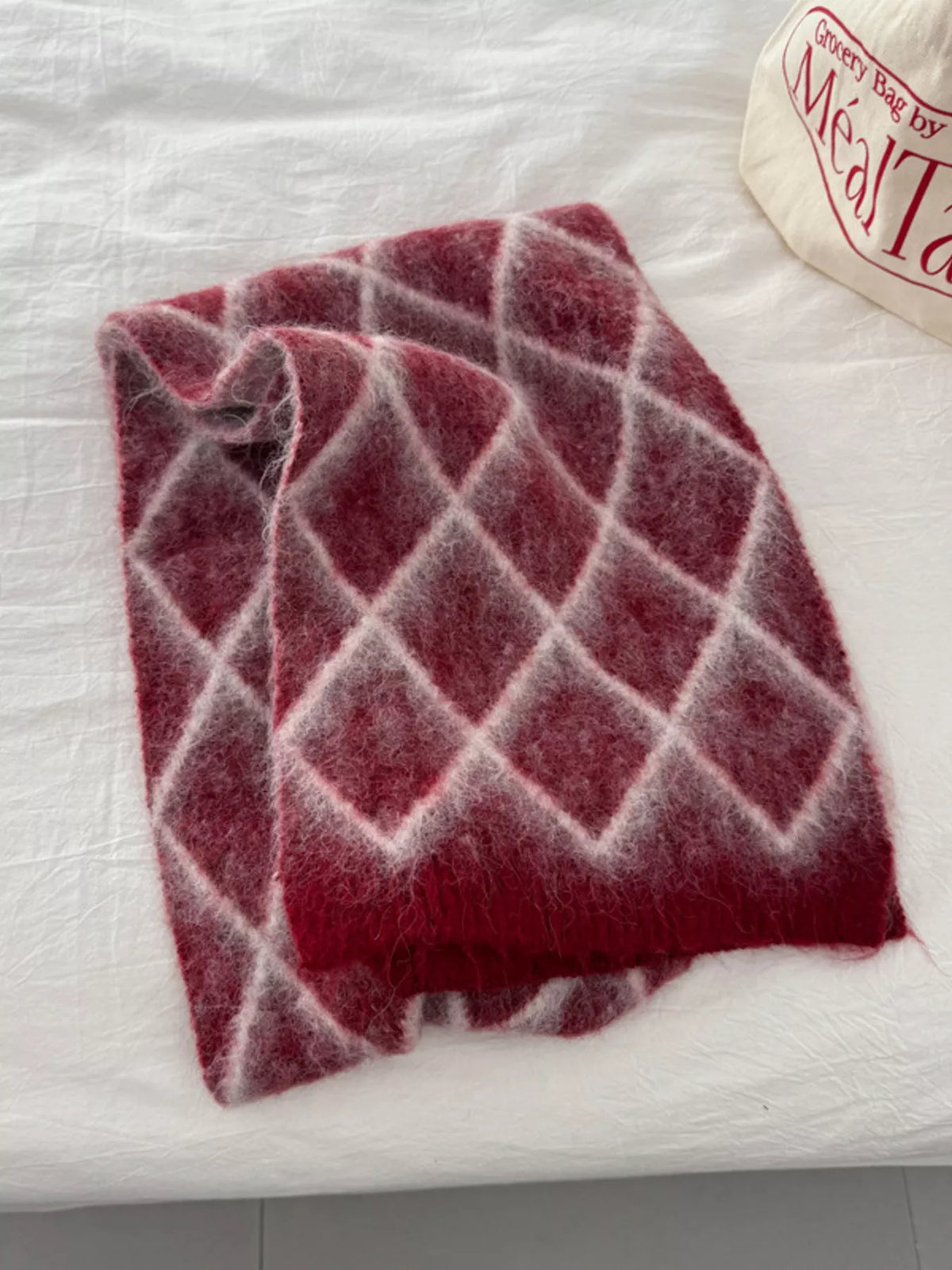 Unisex Diamond Grid Fuzzy Scarf — folded red scarf displaying the large grid pattern