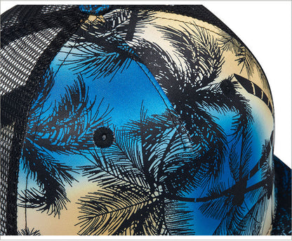 Close view of blue tropical palm print on the front crown