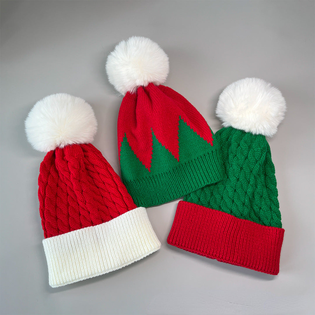 Unisex Christmas Pom Pom Beanie – Red & Green Cable Knit Winter Hat - Christmas Green front view