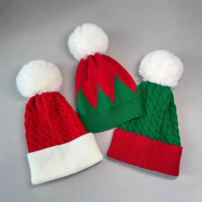 Unisex Christmas Pom Pom Beanie – Red & Green Cable Knit Winter Hat - Christmas Green front view
