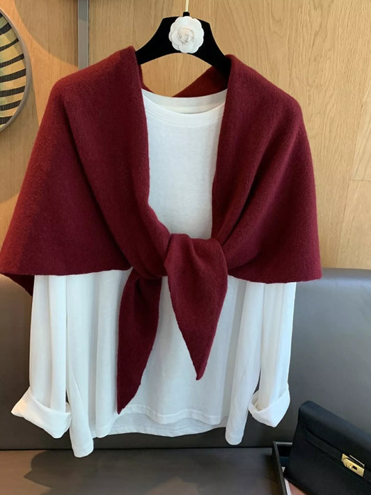 Women's Red Wool Triangle Shawl — red triangle shawl spread across both shoulders