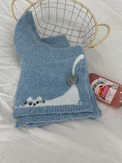 Unisex Playful Cat Knit Scarf — blue knitted scarf displayed with a raised tail detail