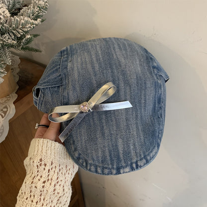Womens vintage denim newsboy cap with bow - product photo 1