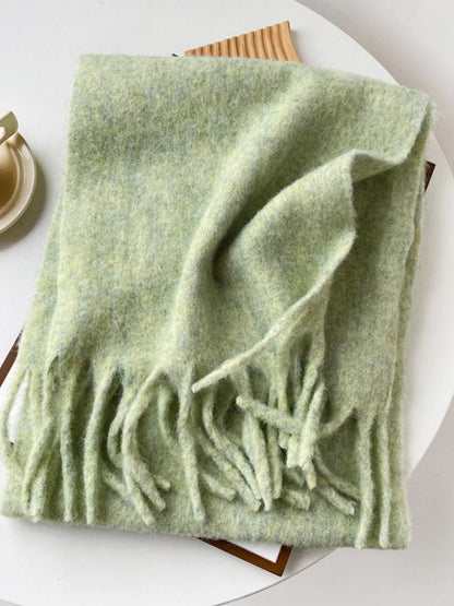 Unisex Extra Long Fringe Scarf — gum leaf green scarf with long matching tassels