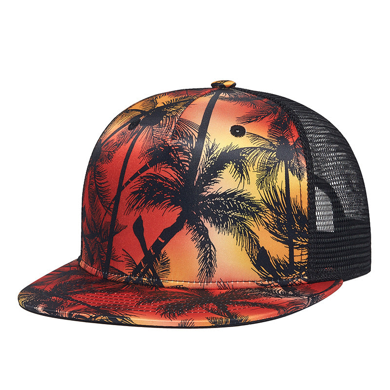 Red sunset palm print trucker cap with a flat brim