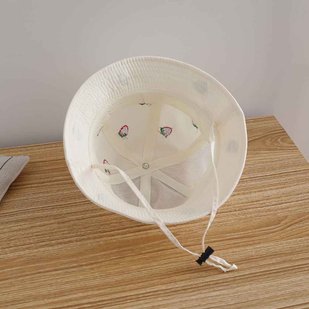 Kids White Strawberry Embroidered Mesh Bucket Sun hat crown profile