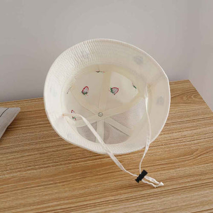 Kids White Strawberry Embroidered Mesh Bucket Sun hat crown profile
