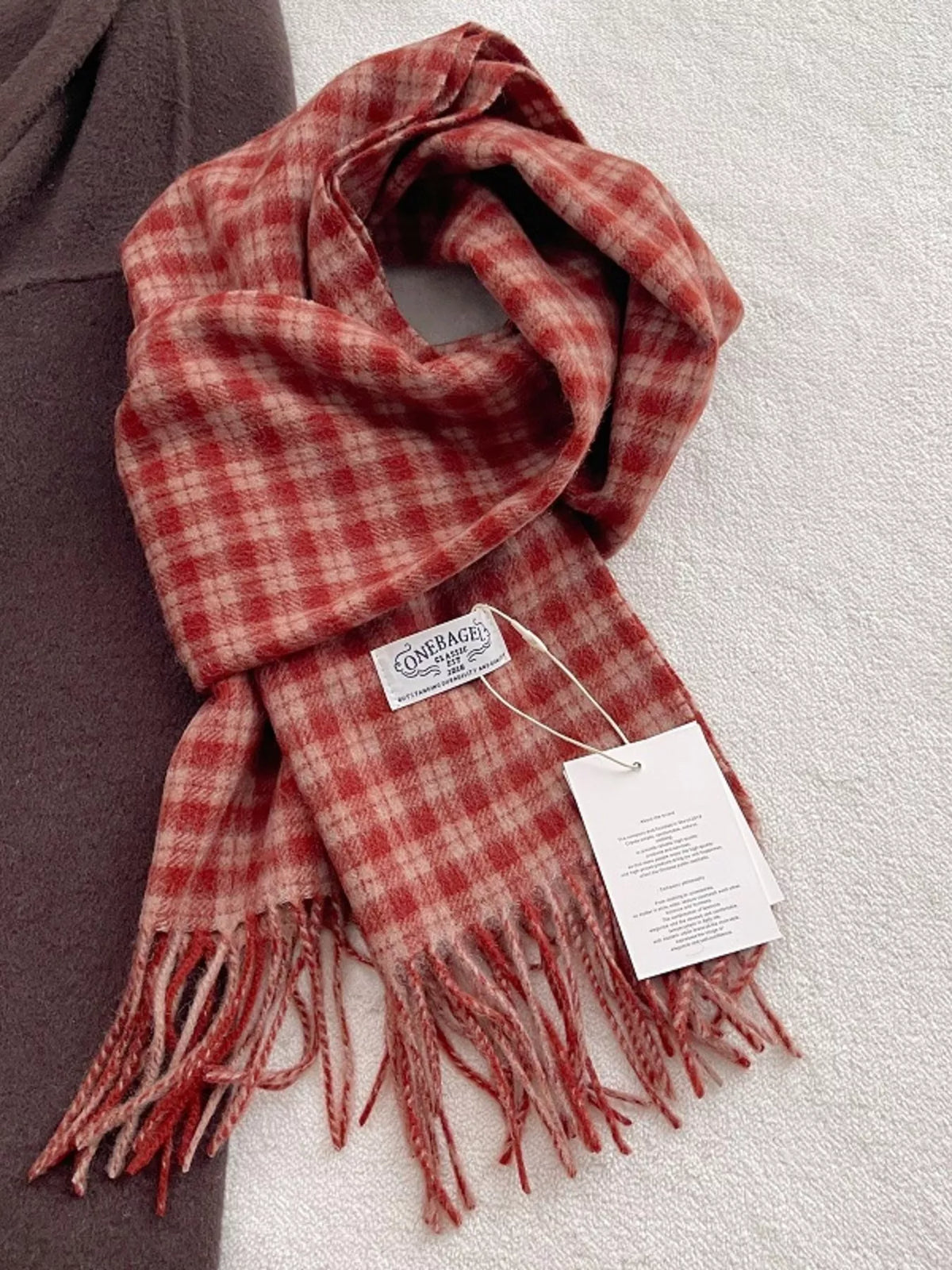 Unisex Fine Plaid Wool Fringe Scarf — red fine plaid scarf tied with fringed ends