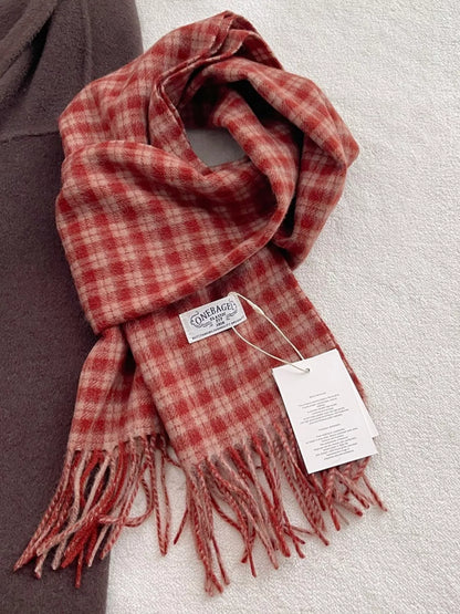 Unisex Fine Plaid Wool Fringe Scarf — red fine plaid scarf tied with fringed ends