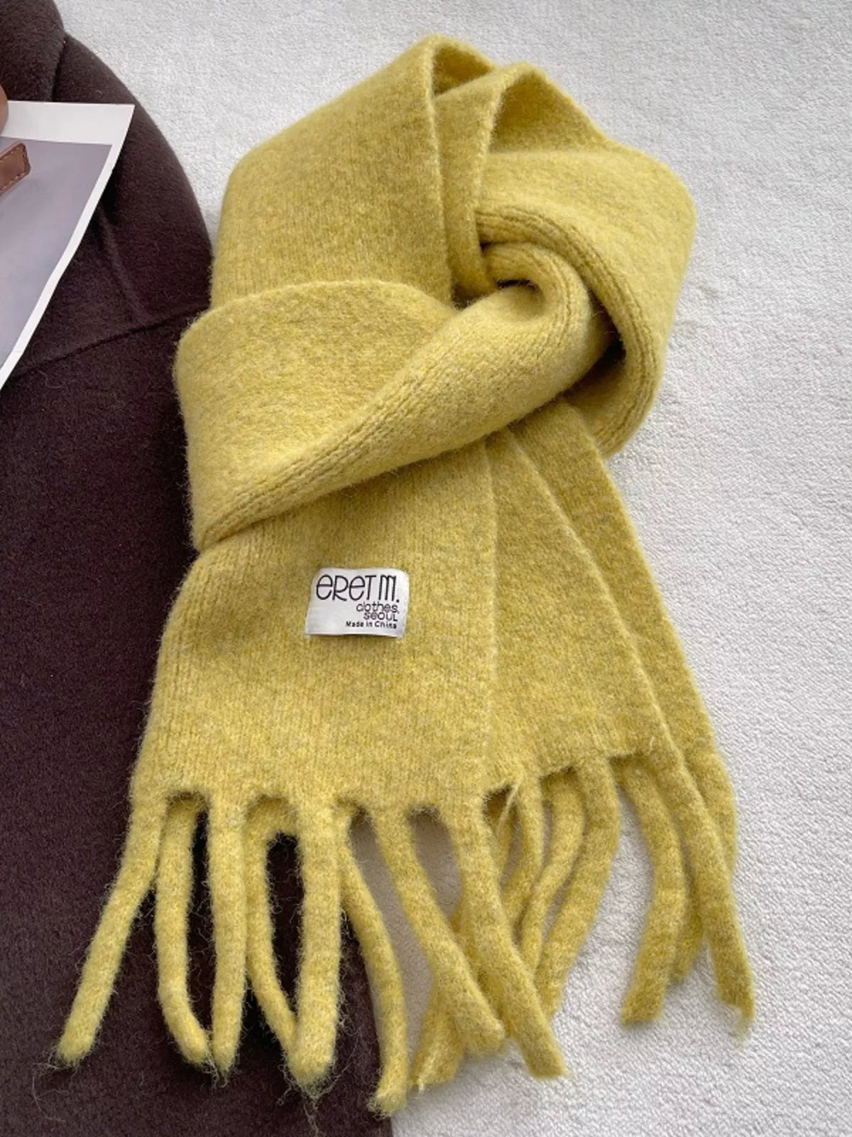 Unisex Fringe Solid Color Scarf — 70.9-Inch — yellow fringed scarf loosely knotted