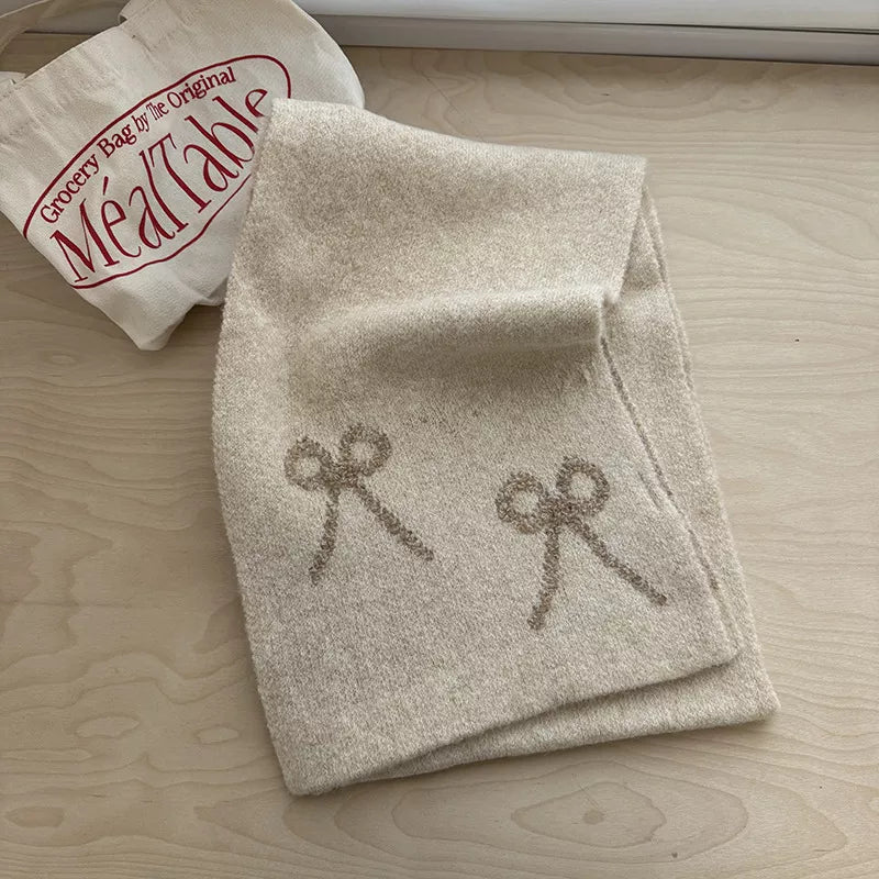Unisex Bow Detail Knit Scarf — off-white scarf with subtle contrasting bow details