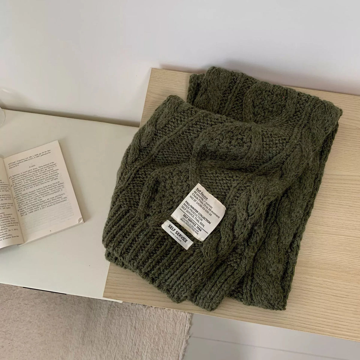 Unisex Chunky Cable Knit Scarf — deep green cable knit scarf folded flat