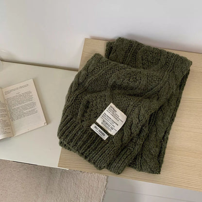 Unisex Chunky Cable Knit Scarf — deep green cable knit scarf folded flat