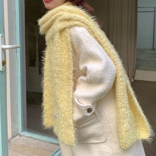 Unisex Soft Plush Winter Warm Scarf — yellow fluffy scarf draped over a cream sweater