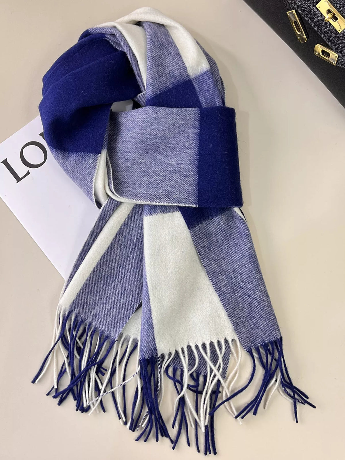 Unisex Plaid Fringe Scarf — royal blue and gray checked scarf with long tassels