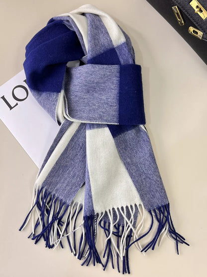 Unisex Plaid Fringe Scarf — royal blue and gray checked scarf with long tassels