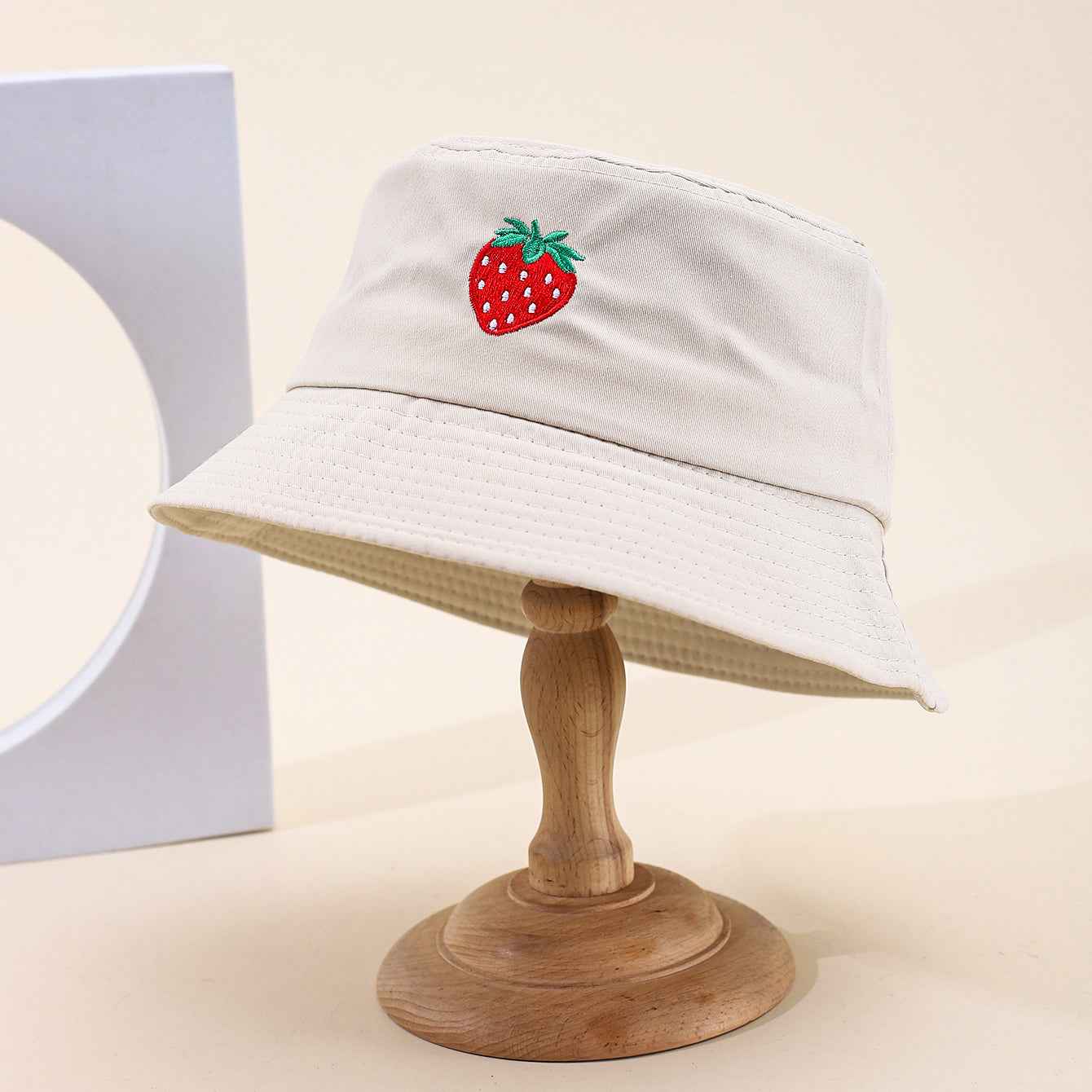 Women's Pink Strawberry Embroidered Casual Bucket Hat texture close-up
